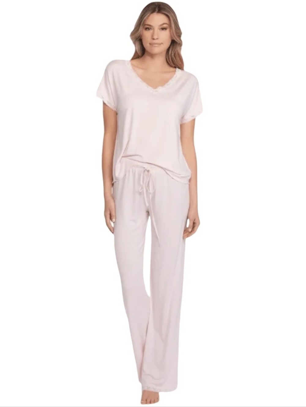 Barefoot Dreams Luxe Milk Jersey V Neck And Classic Pant Pajama Set Light Pink